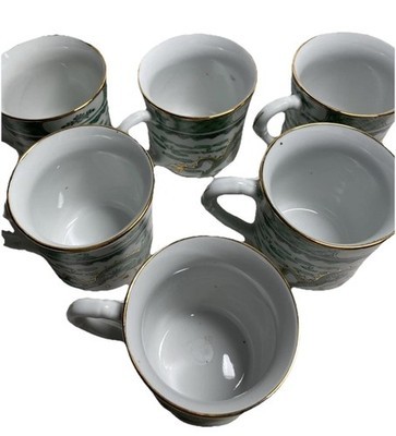 Chinese Hand Painted Tea Cups Set of 6 with 3 Lids Dragon Green Item image 3
