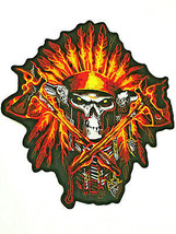 Red Feather Fire Skull Headdress Halloween 10 Inch Cross Axe Apparel Embroidery - £26.57 GBP