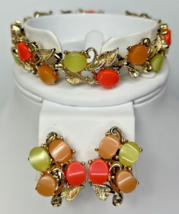 Vtg Thermoset Bracelet Earring Set Sherbet MelonTri Color Stones Gold To... - $79.99