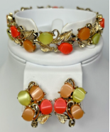 Vtg Thermoset Bracelet Earring Set Sherbet MelonTri Color Stones Gold To... - £62.84 GBP