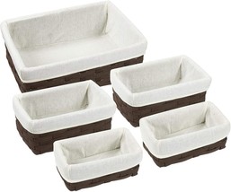 Set Of 5 Brown Wicker Baskets With Lined Bins For Organizing Closet Shelves, 3 - £36.90 GBP