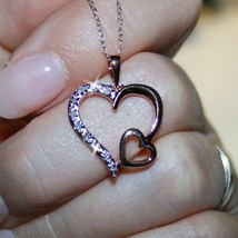 Heart Inside Diamond Heart Pendant Necklace 14k Rose Gold over 925 SS Gift Box - £37.19 GBP