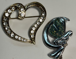 Brooch Pin Gold Tone Heart Rhinestones Silver Stone Butterfly Rhinestone... - $7.70