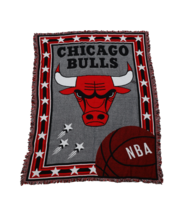 Vintage 90s Spell Out Chicago Bulls Basketball Fringed Blanket 46&quot;x59&quot; USA - $937.30 MXN