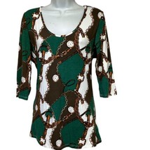 Venus Time clock Chain Link print Scoop neck green Long Sleeve blouse Top Size 8 - $19.78