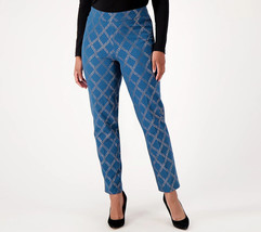 New Womens Isaac Mizrahi Live! Stretch Teal Blue Silver Foil Leaf Pants 18 T Tal - $78.21