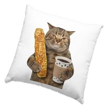 Cat is Holding a Cup of Black Coffee and a Baguette Square Pillow Cases - Funny  - £13.30 GBP
