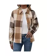 Fantaslook Women’s Plaid Button-Up Shirt Jacket – Beige Brown Check (Siz... - $13.00
