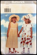 Uncut 90s Size 5 6 6X Girls Raised Waist Dress Hat Butterick 4901 Pattern Vintag - $6.99