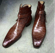 NEW Handmade Men Brown Color Leather Alligator Boot, Men Jodhpur New High Ankle  - £120.99 GBP