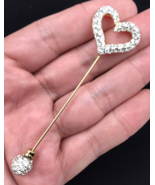 Vintage Gold Tone Heart Hat Pin w/ Rhinestones 3.25&quot; Long Heart is 1&quot; x ... - $9.49