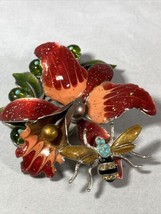 Large 3”X3” Enameled Flower Floral &amp; Bee Brooch  Handmade Gorgeous! Unsigned - £51.24 GBP