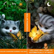 Solar Outdoor Garden Statues Decor Cat Statue with Solar Butterfly Light 7 Color - $51.80