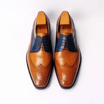 Handmade Men&#39;s Casual Shoes, Men&#39;s Tan &amp; Blue Leather WingTip Lace Up Casual Sho - £112.59 GBP