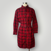 Vintage 1990s Corduroy Buffalo Check Dress Knee Black Red Med Lg Long Sl... - £34.40 GBP