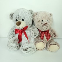 Lot Of 2 Teddy Bear Brown Grey Shiny Red Bow tie Stuffed Plush Xmas 12&quot; ... - £22.93 GBP