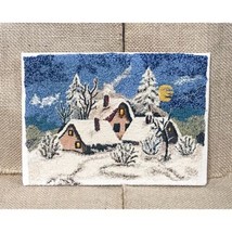 Vintage Finished Needlepoint Art Cottages In Winter Snow On Rooftops Night Sky - £23.35 GBP
