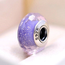 925 Sterling Silver Purple Shimmer Faceted Murano Glass Bead Charm - $9.99