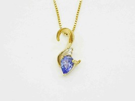 Natural Pear Tanzanite &amp; Diamond Ribbon Style Pendant Necklace 14k Gold - £379.69 GBP