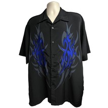 Dragonfly Mens Vintage Rockabilly Black Blue Embroidered Flames Button Up Shirt - £46.70 GBP