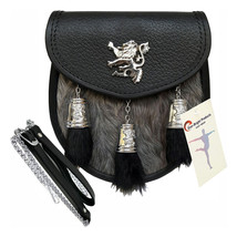Scottish Kilt Semi Dress Grey Goat Sporran with Rampant Lion &amp; Tassels Caps - $1,596.33 MXN