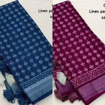 Women&#39;s Linen Printed Saree with Running Blouse Piece - $24.05