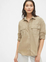 New Womens Gap Camp Shirt M Tall L 100% Cotton Button Down Beige Khaki Pockets - £52.66 GBP