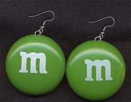 M&amp;M EARRINGS-Chocolate Candy Junk Food Charm Costume Funky Jewelry-GREEN-LARGE - £6.36 GBP