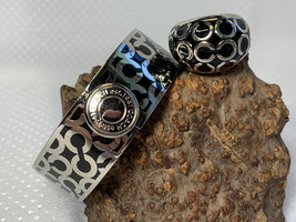 Coach Bangle Bracelet &amp; Ring Set Black Signature Silvertone Sz 7 Band Jewelry  - £72.07 GBP