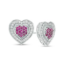 0.40CT Simulated Ruby &amp; Diamond Heart Cluster Stud Earrings White Gold Plated - £36.92 GBP