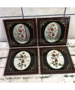 Painted Glass Panels Red Roses Ornate Classic Victorian 6” Squares Set Of 4 - $59.39