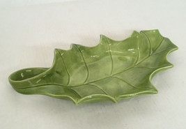 Vintage ceramic long green leaf shaped decorative candy dish tray holida... - $19.75
