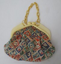 Vintage Bag Plastic Handle Handbag Cloth Bag Flowers w/ attached coin Lined - £15.62 GBP