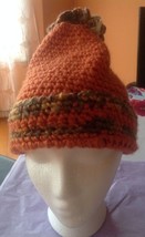 NWOT Hand Knit Acrylic Blend Orange, Green, Yellow Hat w/ Moss Green Pom... - $39.59