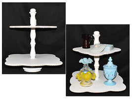 Wooden Two Tiered Stand Display Distressed White Display Tray w Beaded Trim New - £55.15 GBP