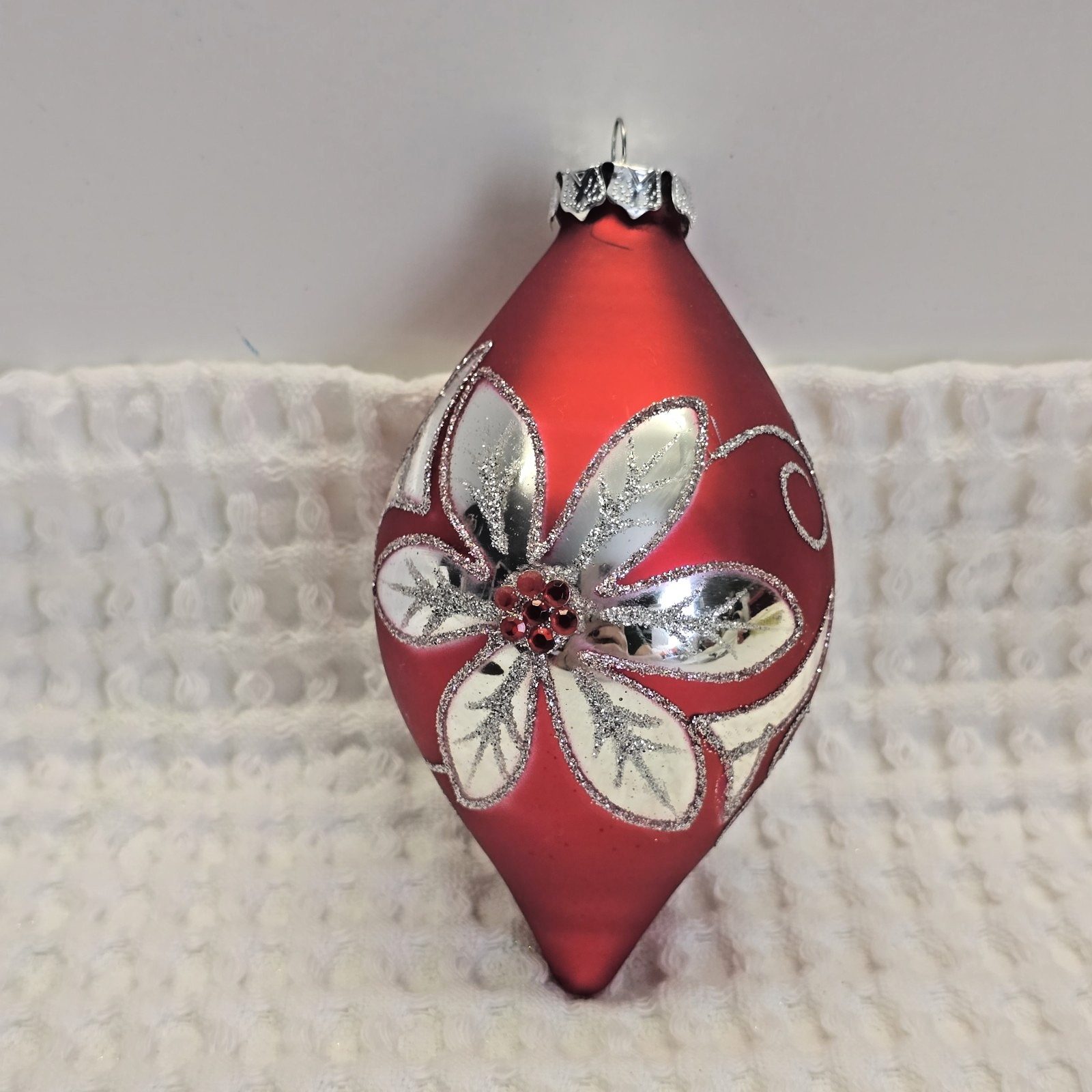 Red Glass Teardrop Ornament Silver Flowers Indoor Christmas Decoration - $18.99
