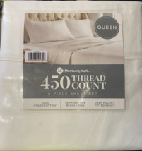 Members Mark 450-Thread-Cotton Count 4 Piece Sheet Set White Queen - £27.59 GBP