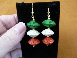 (EE400-46) Green red white CINNABAR flower wooden bead dangle hook earrings gold - £12.73 GBP