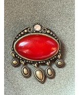 Pretty Orangish Red Pinched Oval Glass Cab in Antique Goldtone Frame w C... - £11.76 GBP