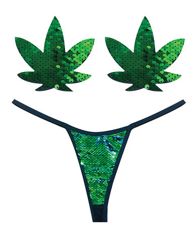 'neva nude naughty knix weed leaf sequin g-string & pasties - green o/s