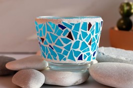 Garden Mosaic blue Decorative ornament, Summer candle holder for patio cosy idea - £38.83 GBP