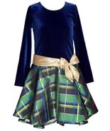 MSRP $68 Bonnie Jean Girls Velvet Plaid Taffeta Drop-Waist Dress Blue Si... - $37.62