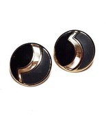 CROWN TRIFARI Black Gold Tone Wave Button Disc Clip On Round Stud Earrings - £15.73 GBP
