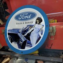 Vintage 1957 Ford Automobile Sales & Service Porcelain Gas And Oil Pump Sign - $148.49