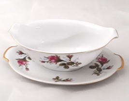 Moss Rose Gravy Boat Attached Underplate Gold Trim Vintage by Sango Japan - £19.60 GBP