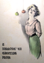 Halloween Postcard May L. Farini Hand Colored Tinted Women Apples Hanging 1912 - $314.10