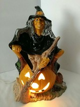 Vtg HALLOWEEN Ceramic WITCH Byron Mold Pumpkin Cat Broom 10.5&quot; Glazed w/ Light - $47.02