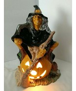 Vtg HALLOWEEN Ceramic WITCH Byron Mold Pumpkin Cat Broom 10.5&quot; Glazed w/... - $64.30 CAD