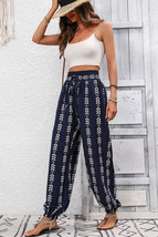 Blue Geometric Print Drawstring High Waist Pants - $407.54 MXN