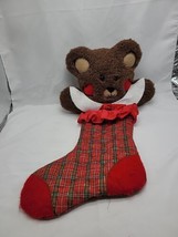 Christmas 3D Stocking Teddy Bear w Heart Cheeks Plush Quilted 21” Vintage  - $17.77